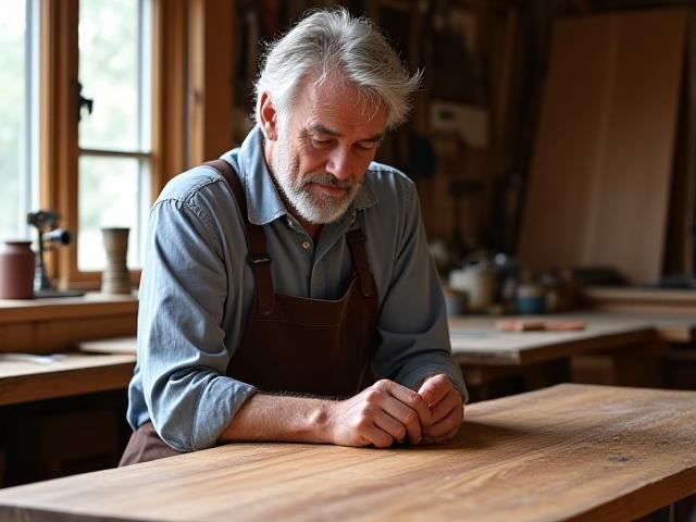 Founder of Gilded Timber, Elias Thorne, thoughtfully examining a piece of wood in his workshop.