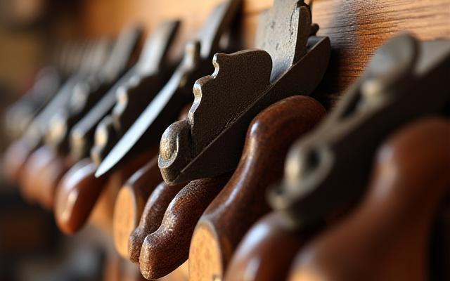 Close-up of a rack of meticulously maintained hand planes and chisels.