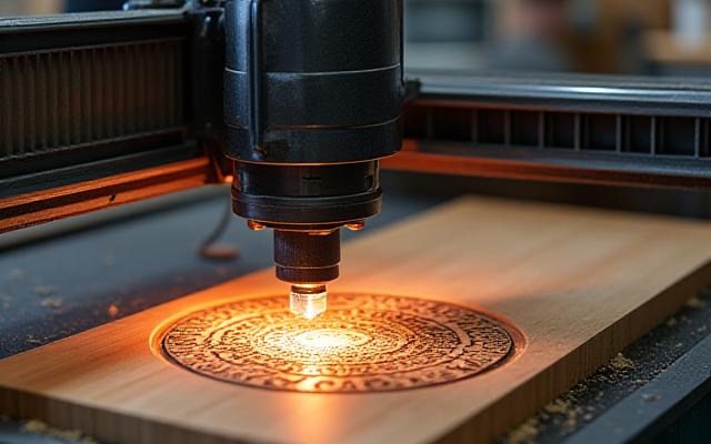Artisan operating a modern CNC machine, precisely cutting a wood panel.