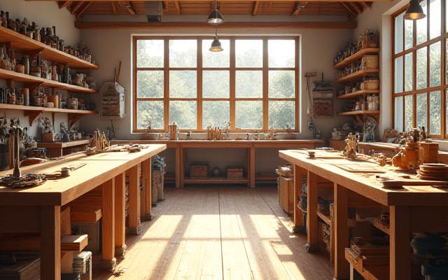 Wide view of Gilded Timber's clean and organized woodworking workshop.