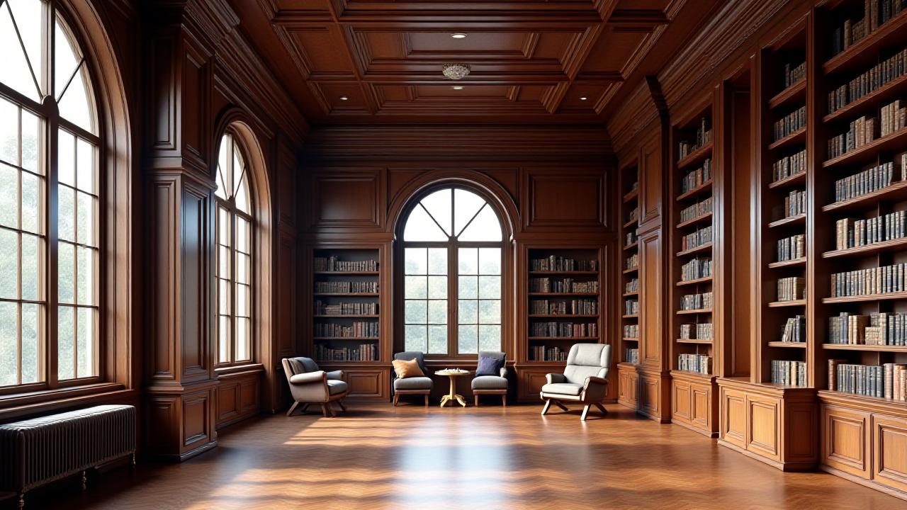 Stunning library with floor-to-ceiling custom walnut bookshelves and an intricate coffered ceiling, showcasing expert architectural millwork in a luxurious home.