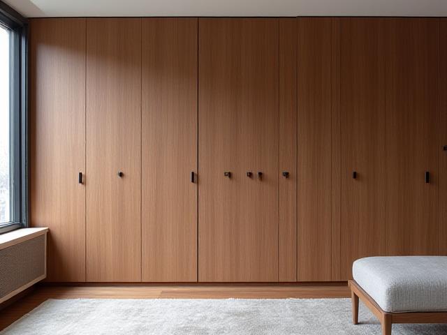 Sleek, modern living room featuring flat-panel walnut millwork, integrated handles, and clean lines, creating a minimalist aesthetic.