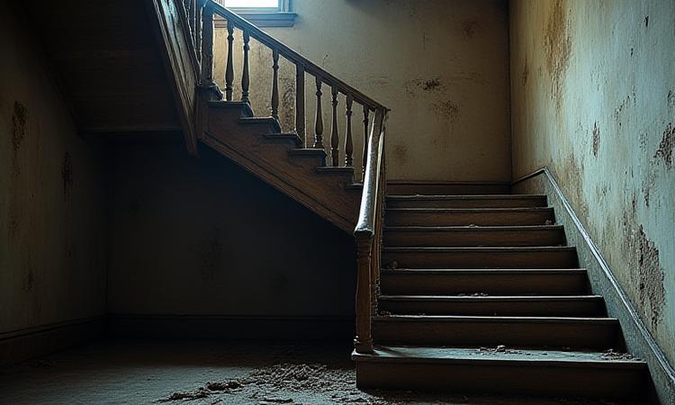 Before restoration: dilapidated 1912 oak staircase