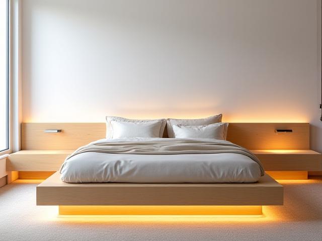 Custom maple platform bed with integrated nightstands.