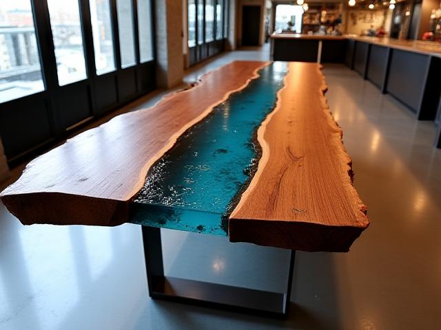 Live-edge black walnut river dining table with epoxy.