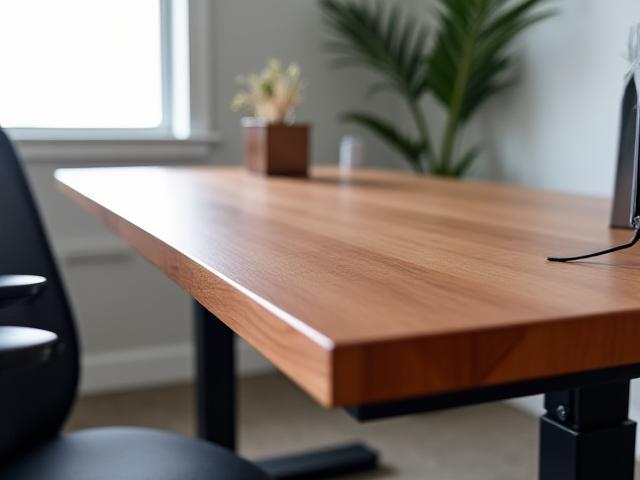 Cherry wood height-adjustable standing desk.