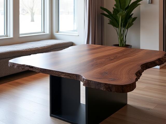 Live-edge walnut dining table with black steel base.