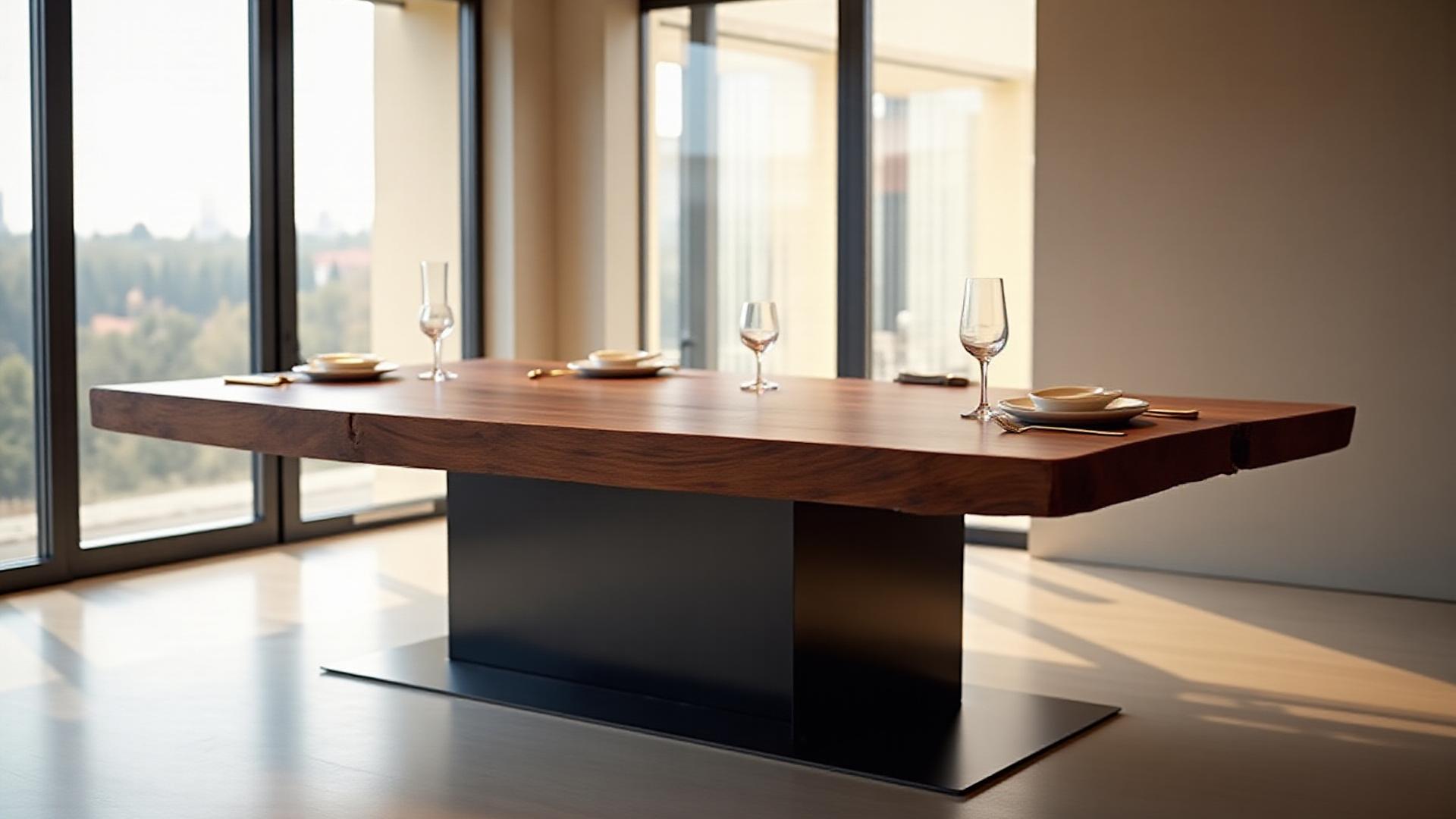 Massive live-edge walnut dining table as the centerpiece in a modern, sunlit dining room.