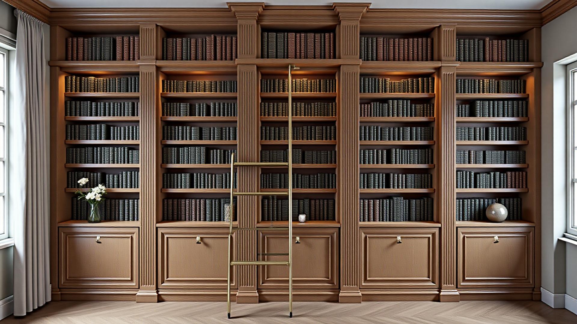 Custom-built white oak library wall with a rolling ladder, showcasing intricate joinery and integrated lighting.