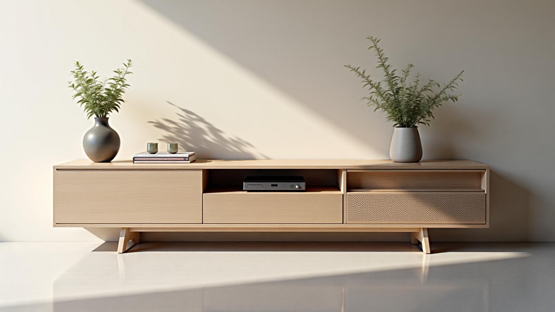Minimalist oak media console with subtly integrated sound system and smart device charging, against a neutral wall.