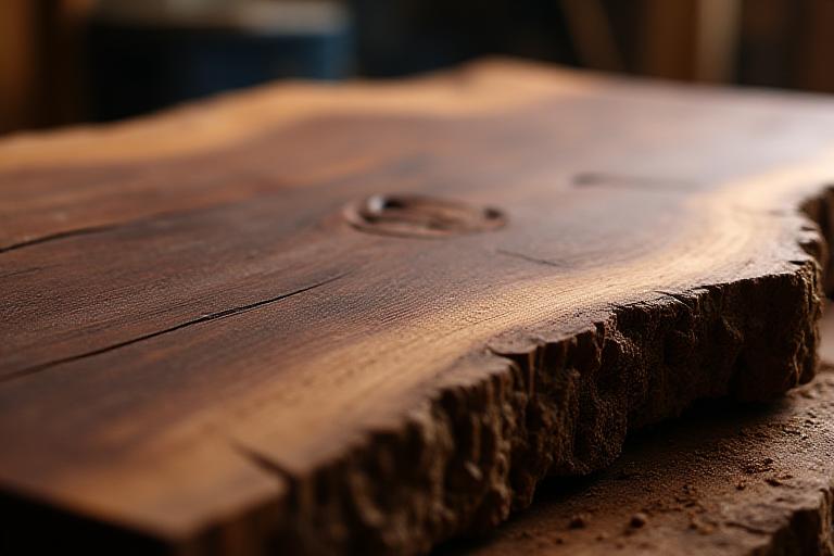 A large, raw live-edge black walnut slab, showing natural imperfections and rich grain.