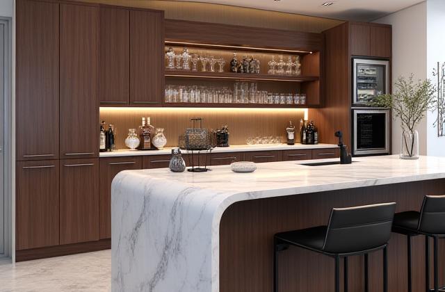 Modern home bar in a Bridgwater Lakes Home, featuring quartz waterfall counter and walnut cabinetry.
