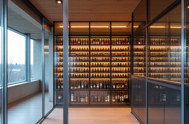 Contemporary wine display in a Fort Garry residence, featuring glass enclosures and minimalist racking.