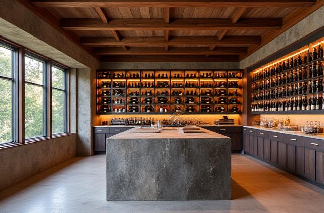 Rustic yet refined wine storage in an Oak Bluff Estate, featuring reclaimed timber and stone accents.