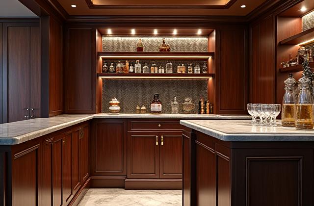 Elegant custom bar and humidor in a River Heights Suite, designed for discerning connoisseurs.
