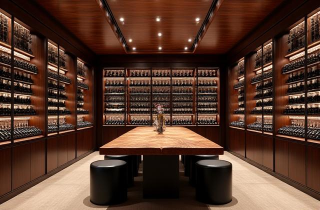 Luxurious wine cellar in a Tuxedo Residence, featuring a 1,500-bottle capacity and central tasting table.