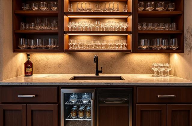 Beautifully stocked custom home bar with warm lighting, featuring rich wood cabinetry, stone countertop, built-in wine fridge, and sparkling glassware.