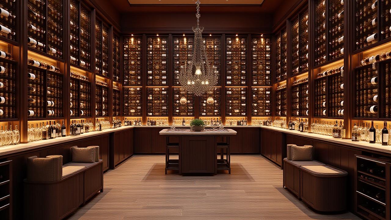 An awe-inspiring, beautifully lit custom wood wine cellar filled with bottles, embodying luxury and sophistication.