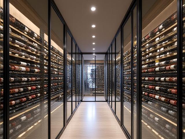 Modern custom wine cellar featuring glass walls, sleek metal racking, and minimalist design, brightly lit.