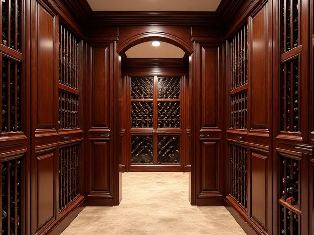 Traditional custom wine cellar with dark wood, arched doorways, and classic diamond bin racking, softly lit.