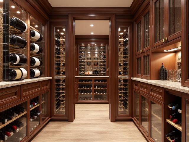 Transitional custom wine cellar blending classic wood elements with contemporary glass panels and mixed racking styles.