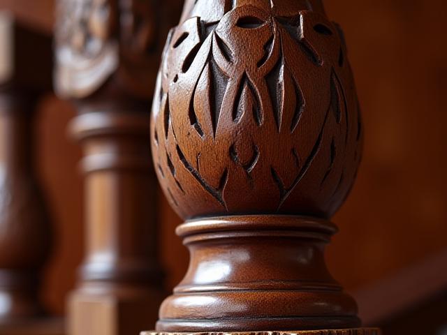 Close-up of a meticulously restored wooden newel post on a grand staircase, showcasing intricate carving details.
