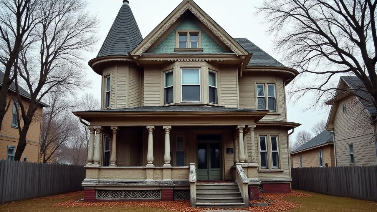 The stately exterior of a century-old home in Winnipeg's Crescentwood neighborhood, before restoration, showing faded paint and some wear on woodwork.