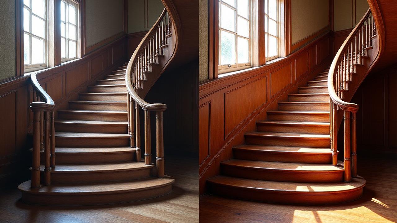 Before and after split image of a grand heritage staircase, showing dilapidated wood on one side and beautifully restored, gleaming wood on the other.