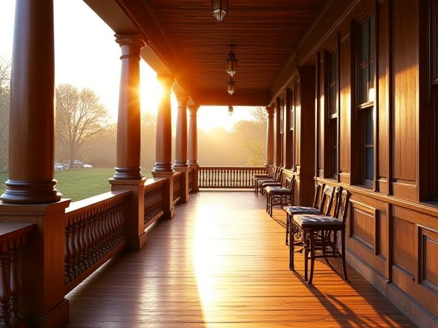 A beautifully restored wooden veranda with intricate balusters and supportive posts, bathed in warm afternoon sunlight.