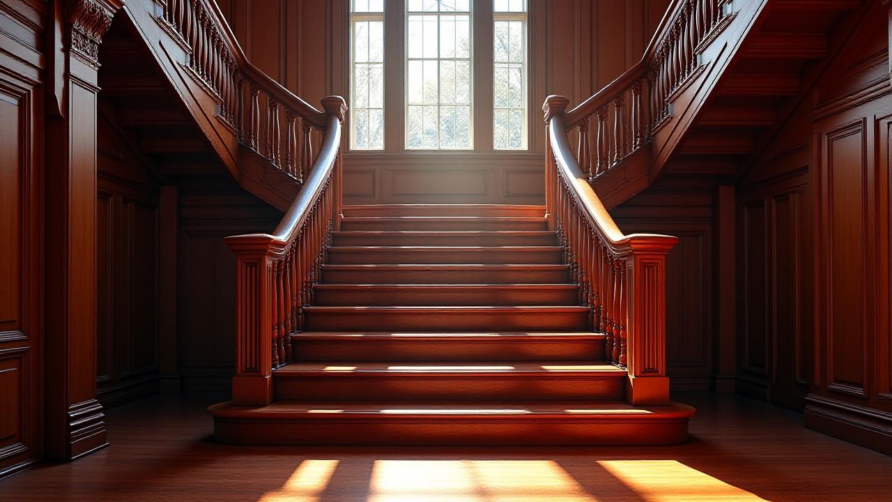 The fully restored grand staircase of the Crescentwood home, gleaming mahogany, with newel posts and railings returned to their original glory.
