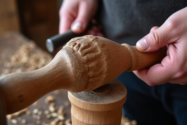 A close-up of a woodcarver's hands working on a lathe, intricately shaping a new spindle to match an antique design.