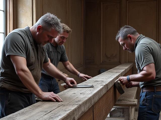 A large, old timber beam being carefully reinforced and repaired by skilled carpenters in a heritage building.