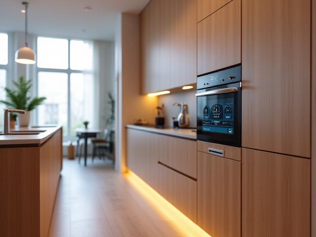 Modern kitchen cabinetry with integrated smart display