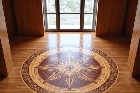 An impressive inlaid wood floor medallion featuring a complex geometric or organic pattern.