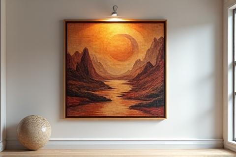 A framed piece of marquetry art, perhaps a scenic landscape or abstract composition, hanging on a gallery wall.