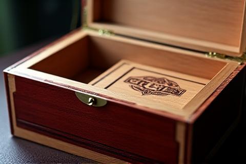 A custom humidor or presentation box with an inlaid company logo or crest on its lid.