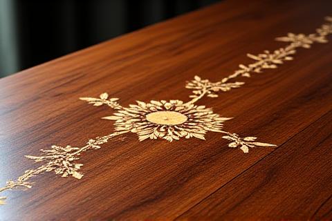 A finely crafted wooden tabletop featuring an intricate marquetry design, showcasing detailed patterns.