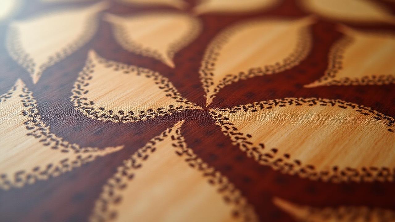 Extreme close-up of a complex marquetry pattern, showcasing perfectly joined pieces of contrasting wood species.