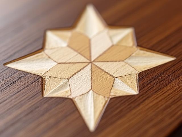 Detailed image of a simple, bold wood inlay pattern, possibly a logo or geometric design, set into a solid wood base.