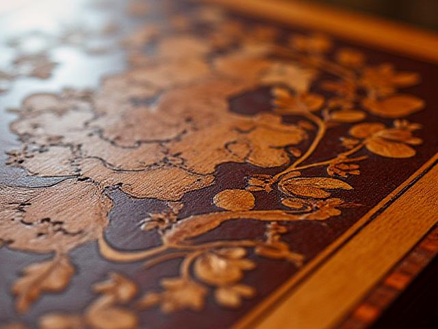 Intricate floral marquetry design on a polished tabletop, with various wood veneers creating a vivid picture.