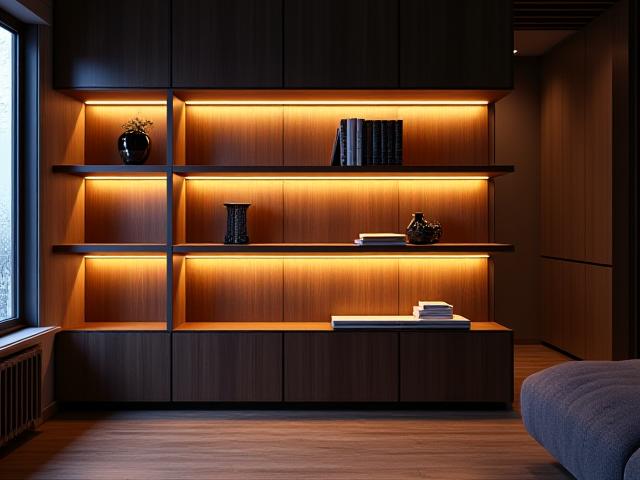 Warm LED accent lighting subtly illuminating a wooden shelving unit with books