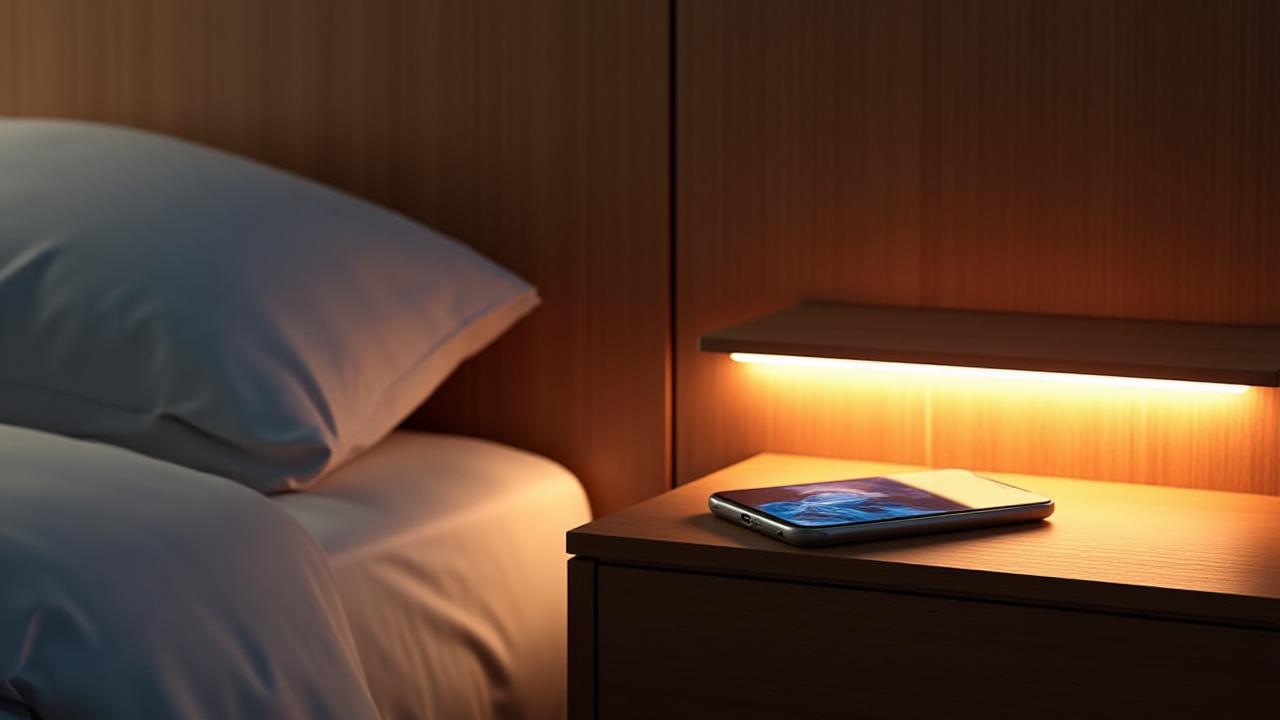 Elegant wooden nightstand with an invisible wireless phone charger and integrated, dimmable reading lights