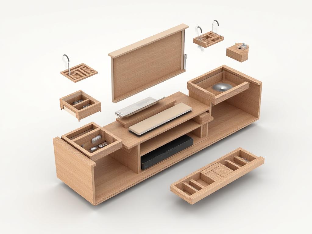 Exploded view diagram of a custom media unit highlighting hidden features and cable management