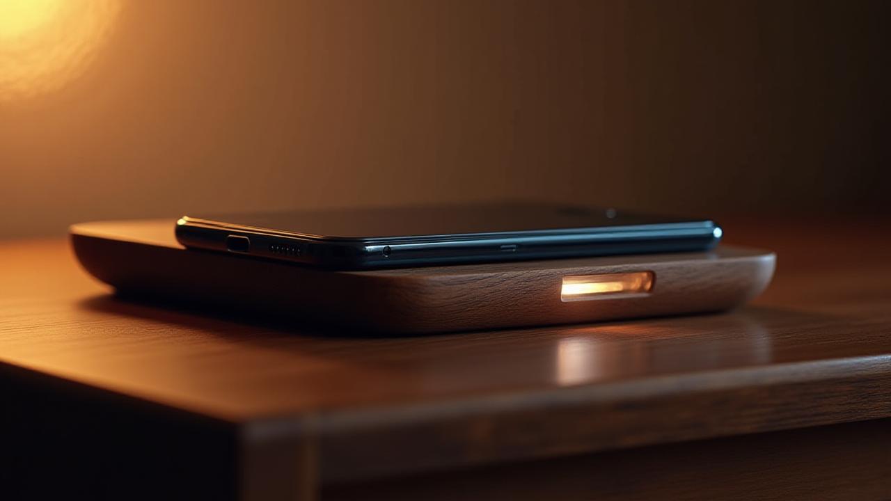 Close-up of a wooden nightstand with a phone wirelessly charging, glowing softly from an integrated LED strip