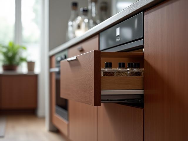 Motorized kitchen cabinet door silently opening to reveal spice racks