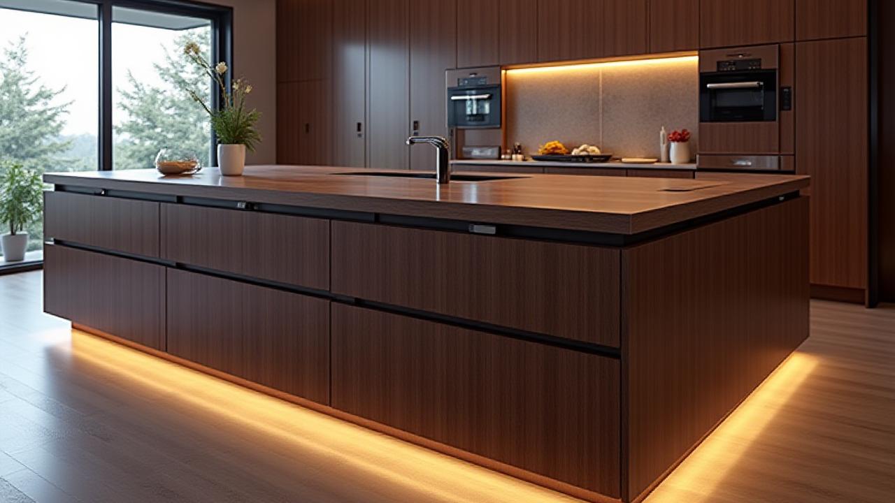 Luxurious kitchen island with integrated knife block, pop-up power outlets, and subtle under-cabinet smart lighting
