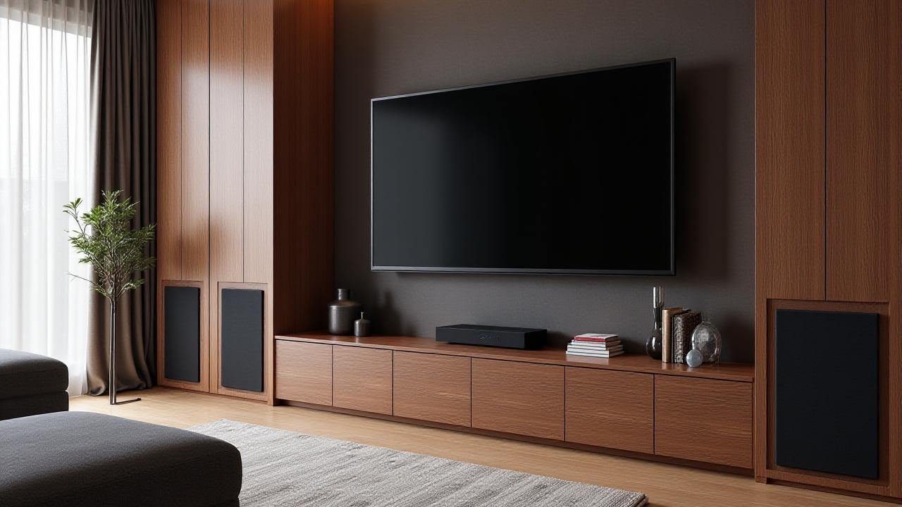 Sophisticated living room media center with acoustic fabric panels and a hidden motorized TV lift