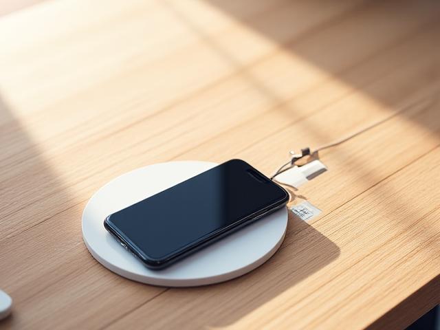 Integrated Qi wireless charging pad flush within a smooth wooden countertop