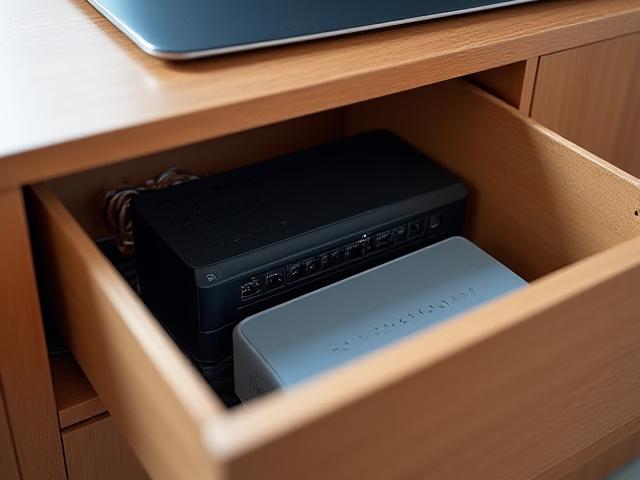 Hidden compartment in a media console, concealing network router and cables