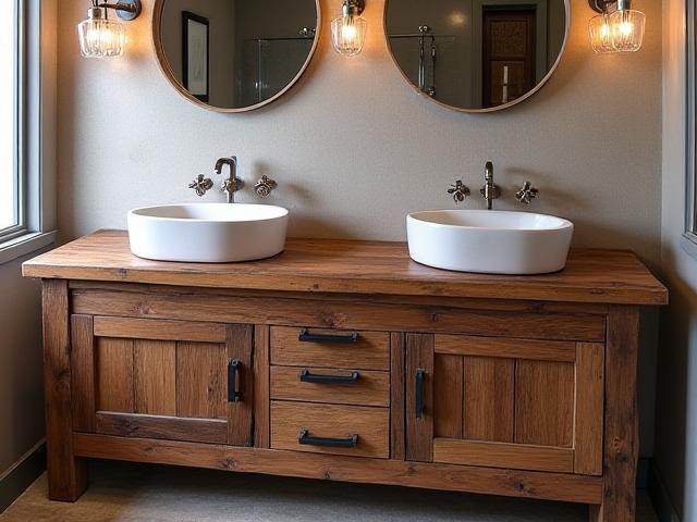 Double sink bathroom vanity made from reclaimed barn wood, rustic charm